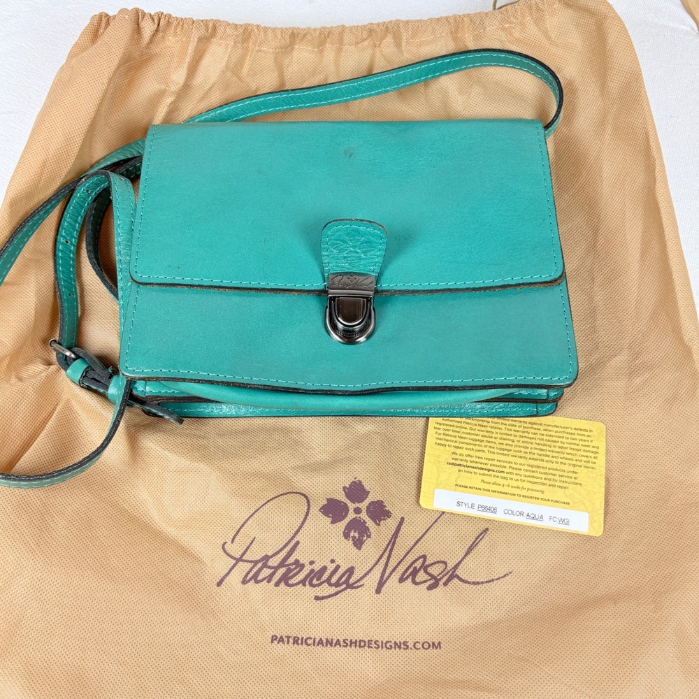 Patricia Nash Aqua Leather Lanza Crossbody Bag Nickel Push Lock Dust Bag Card